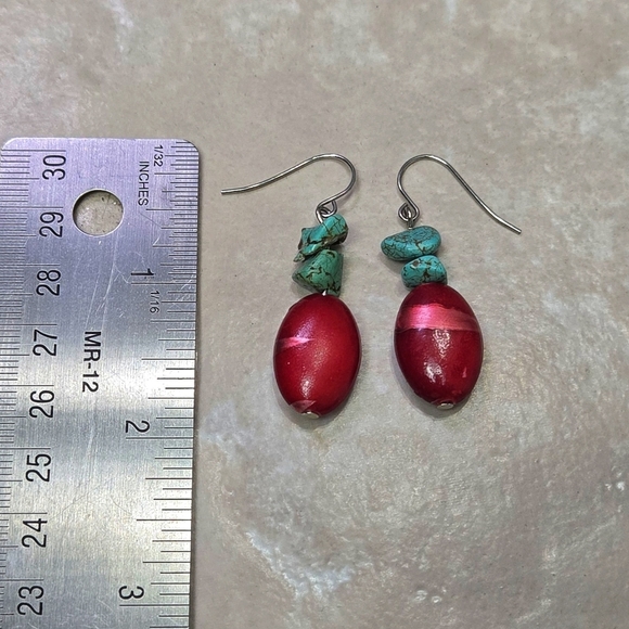 Vintage Red Bead and Turquoise Dangle Earrings Inclued Extra 925 Silver Hooks - Picture 15 of 17